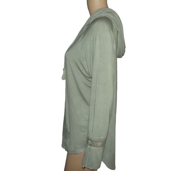 POL Hoodie Top Womens Medium Sage Green Crocheted Rope Drawstring Hooded shirt - Picture 6 of 11